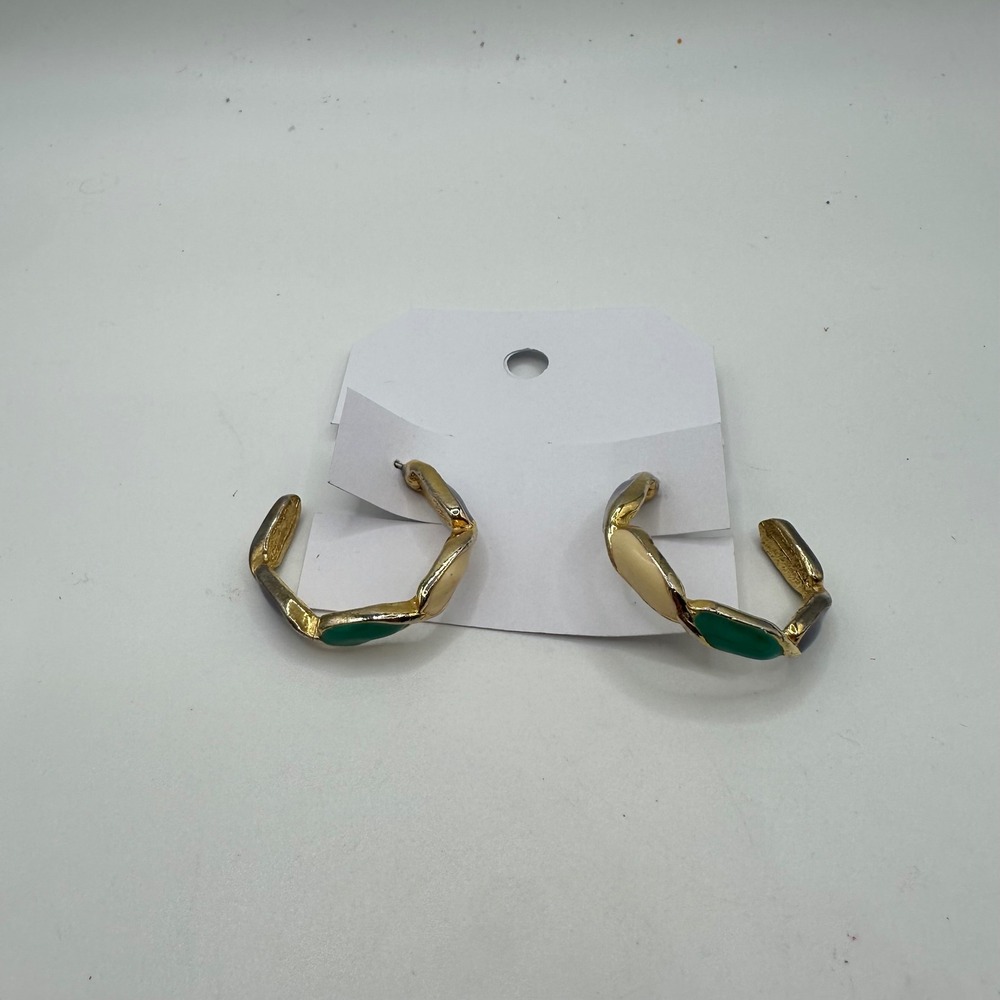 Vintage Gold Tone Multi Color Enamel Hoop Earrings Green Cream Purple 80's Prom